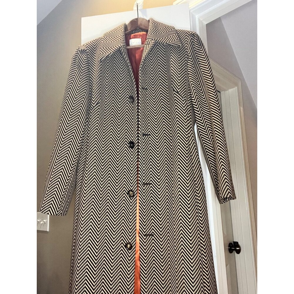 Vintage Celine Brown & White Herringbone Long Coat With Satin Lining